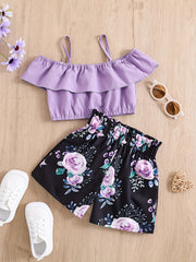Toddler Girls Cold Shoulder Crop Top & Floral Shorts Set