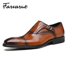 FARWARWO Monk Strap Leather Dress Shoes Light Brown