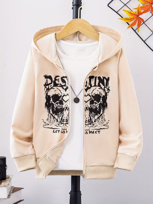 Funny Skull Print Boys Zip Up Hoodie with Pockets