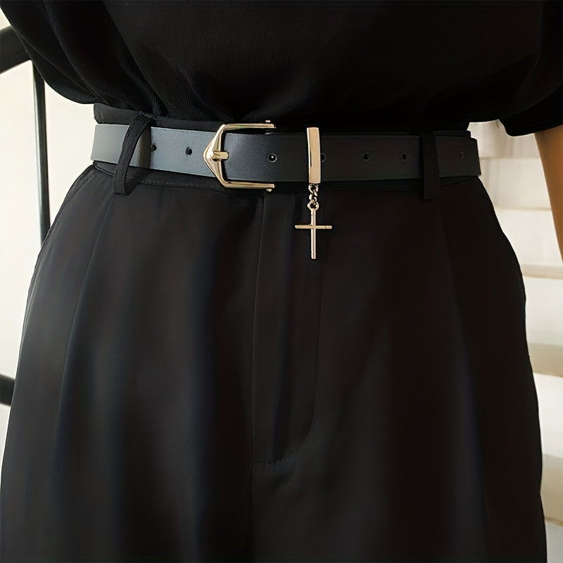 Men's Leather Belt with Cross Decoration for Jeans