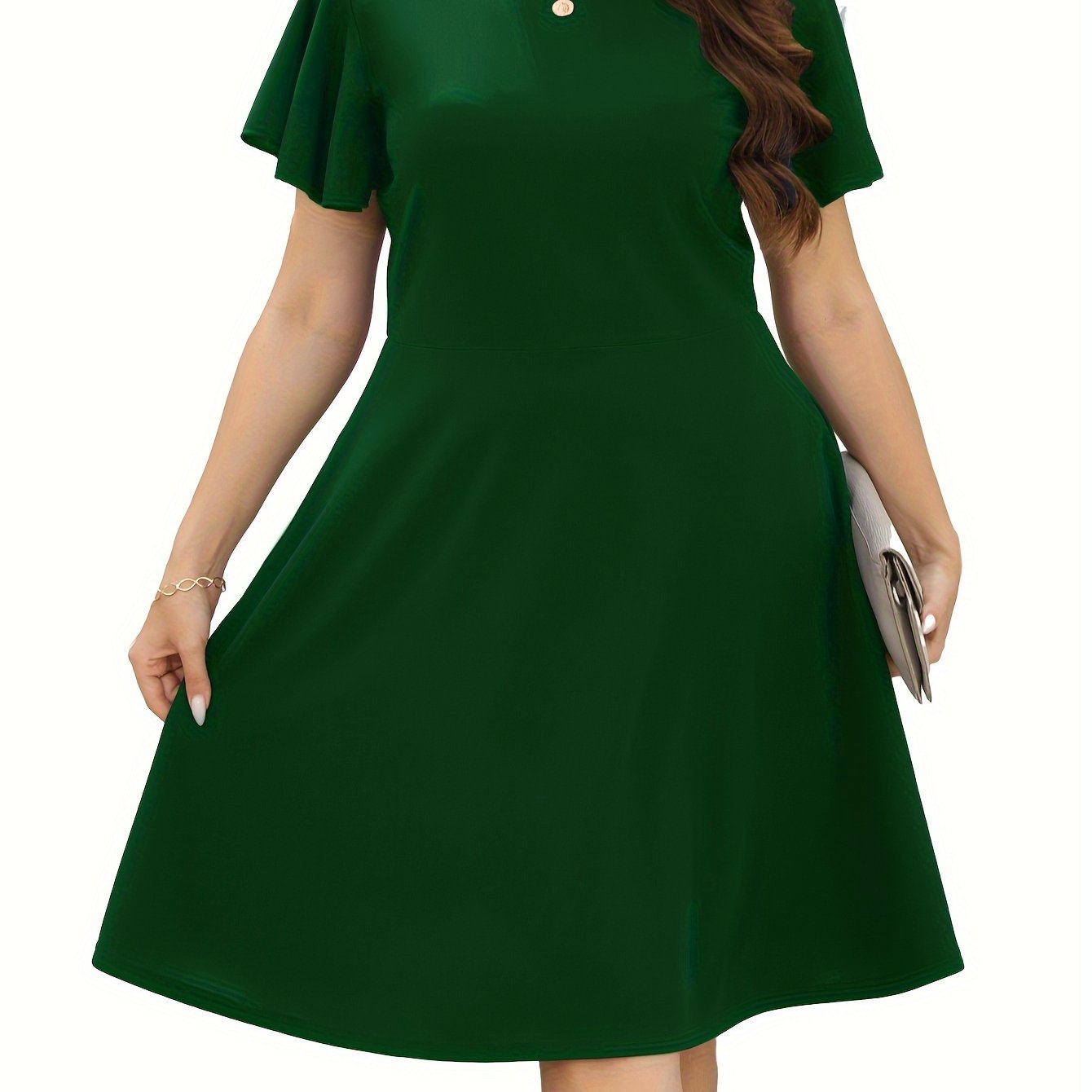  Solid Ruffle Sleeve A-Line Party Dress with Pockets