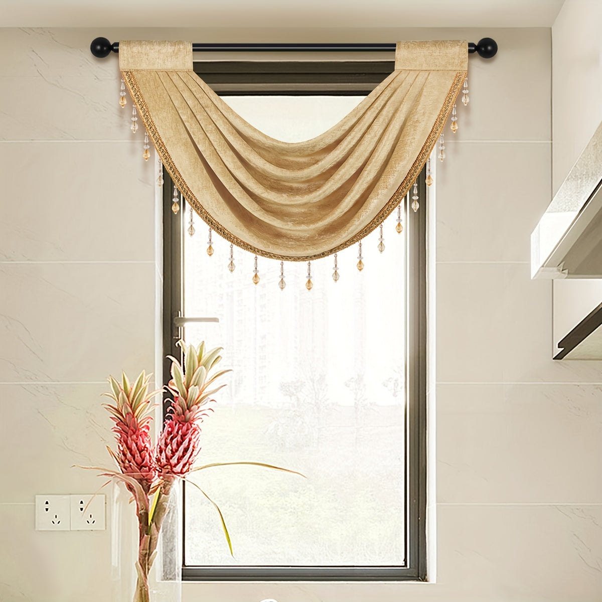 Solid Wave Valance Chenille Short Curtain Bead Rod Pocket Window Curtain