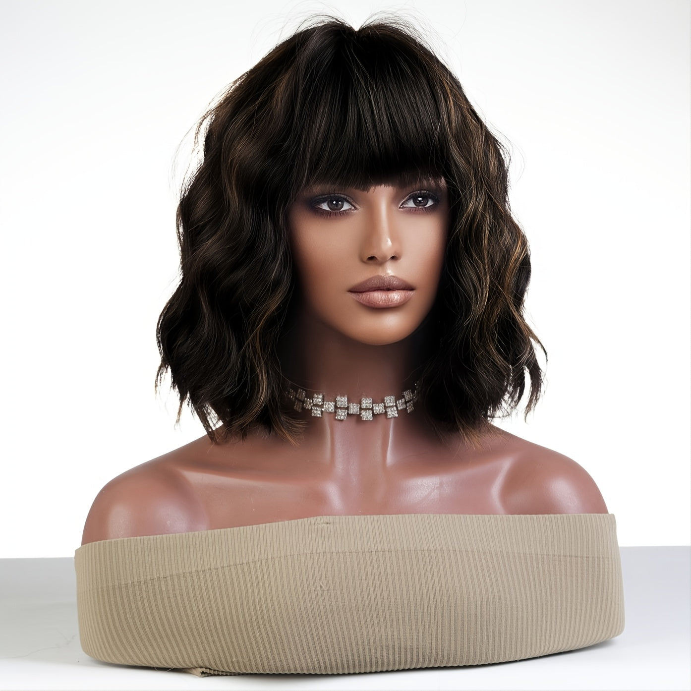 Short Bob Wavy Curly Wig With Bangs Heat Resistant Hair Wigs