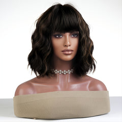 Short Bob Wavy Curly Wig With Bangs Heat Resistant Hair Wigs