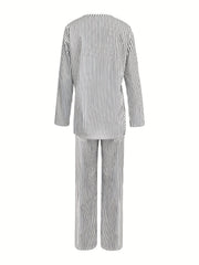 Striped Casual Two piece Set Crew Neck Long Sleeve Top & Wide Leg Pants