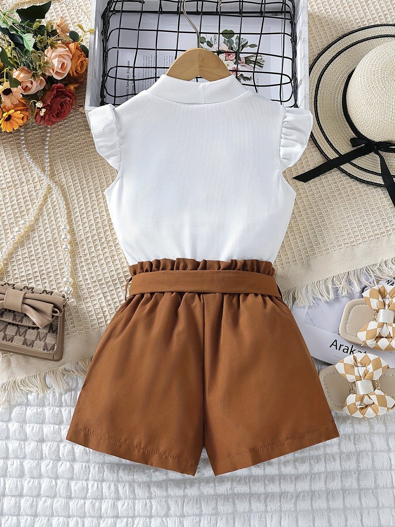 Girls 2pcs Sleeveless Top & Elastic Waist Shorts Summer Kids Clothes