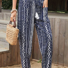  Geometric Print Boho Pants Shirred Waist Tassel Decor Trousers