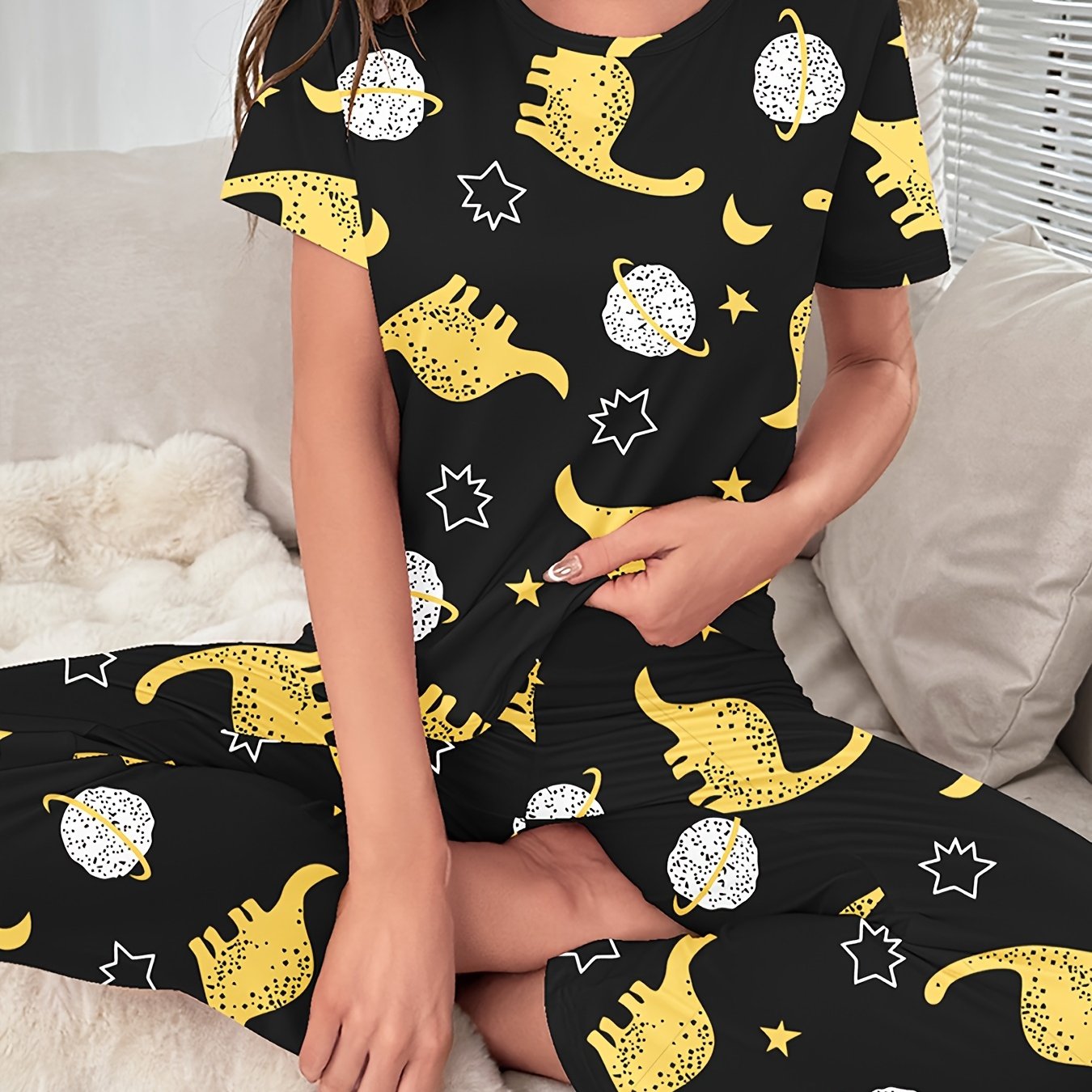 Dinosaur Print Pajama Set Short Sleeve Crew Neck Top & Elastic Waistband Pants