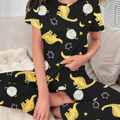 Dinosaur Print Pajama Set Short Sleeve Crew Neck Top & Elastic Waistband Pants