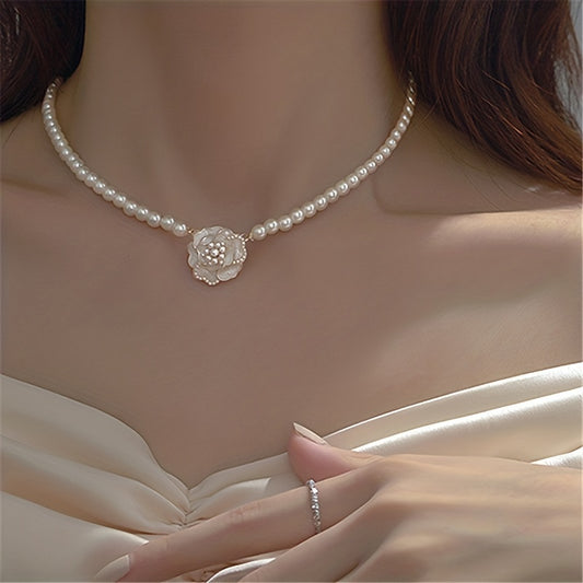 Camellia & Faux Pearl Necklace Female Clavicle Summer Accessories