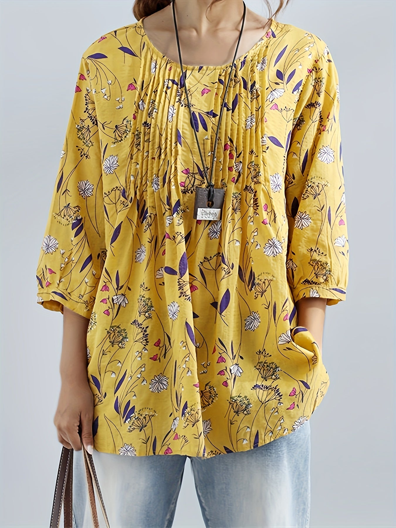  Floral Print Boho Shirt 3/4 Sleeve Ruffled Blouse