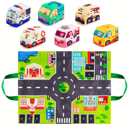 6 Soft Car Toys with Game Mat Storage Bag