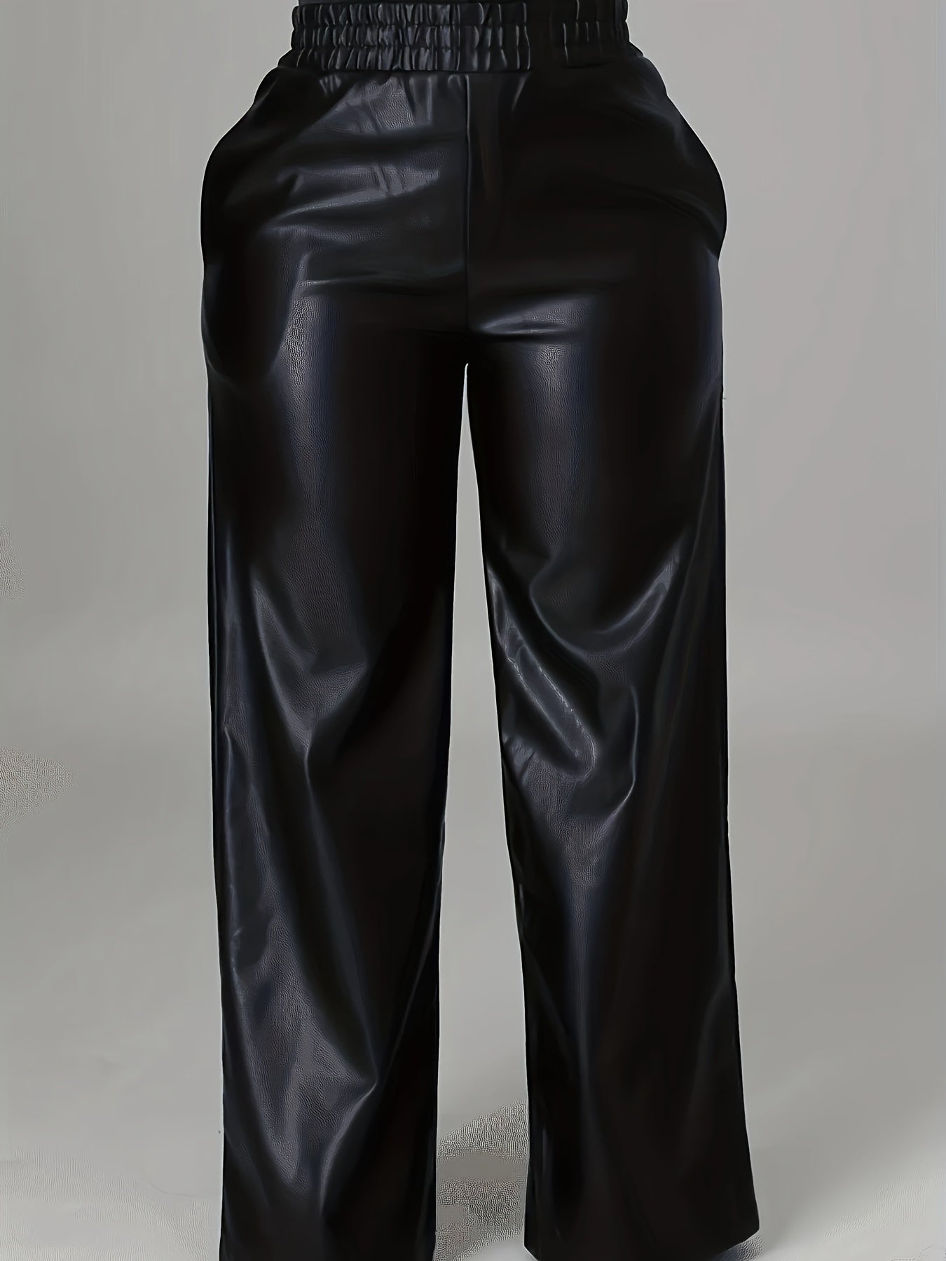 Women's Plus Faux Leather Elastic High Rise Wide Leg Pants