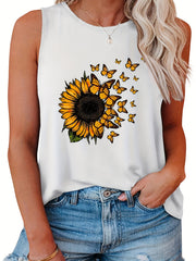  Sunflower Print Tank Top Round Neck Casual Tank
