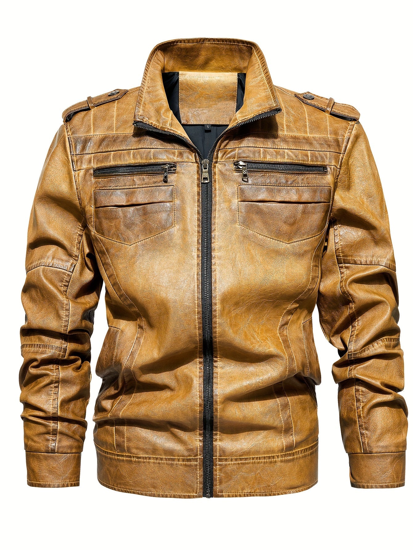 Men's Stand Collar PU Leather Jacket Retro Windproof Warm Jacket