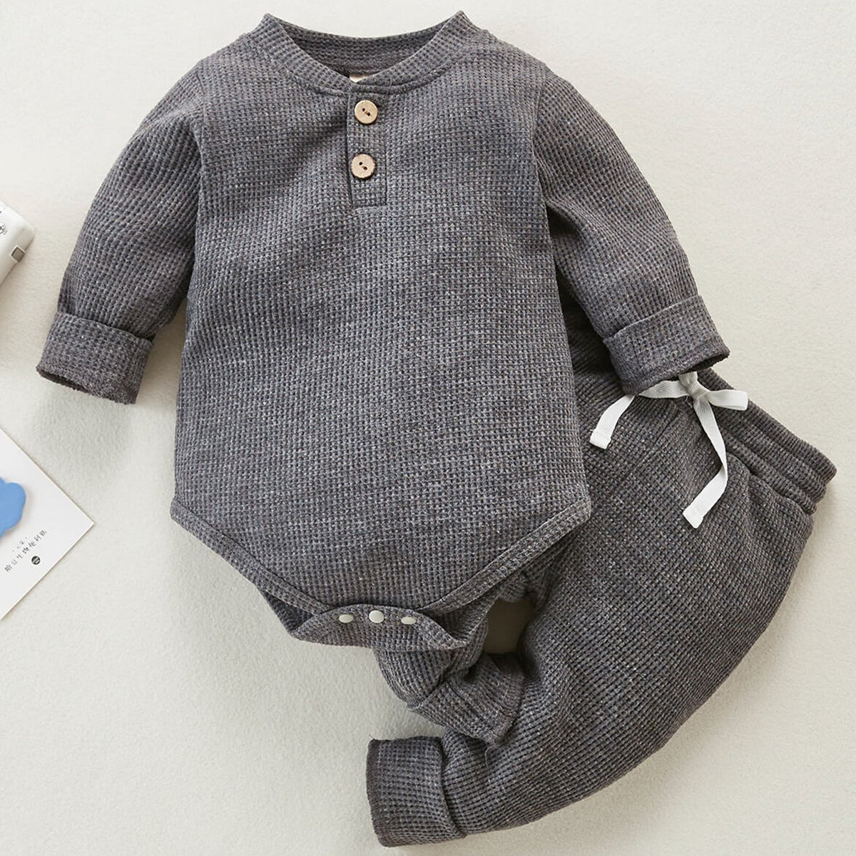 2pcs Unisex Newborn Baby Waffle Outfit Long Sleeve Button Tops