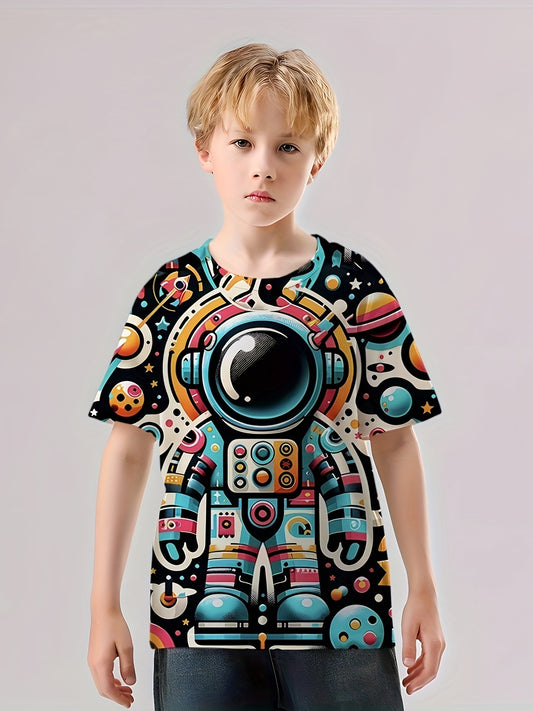 Cartoon Astronaut Print Boy's Tee Short Sleeve Crew Neck Comfy T shirt