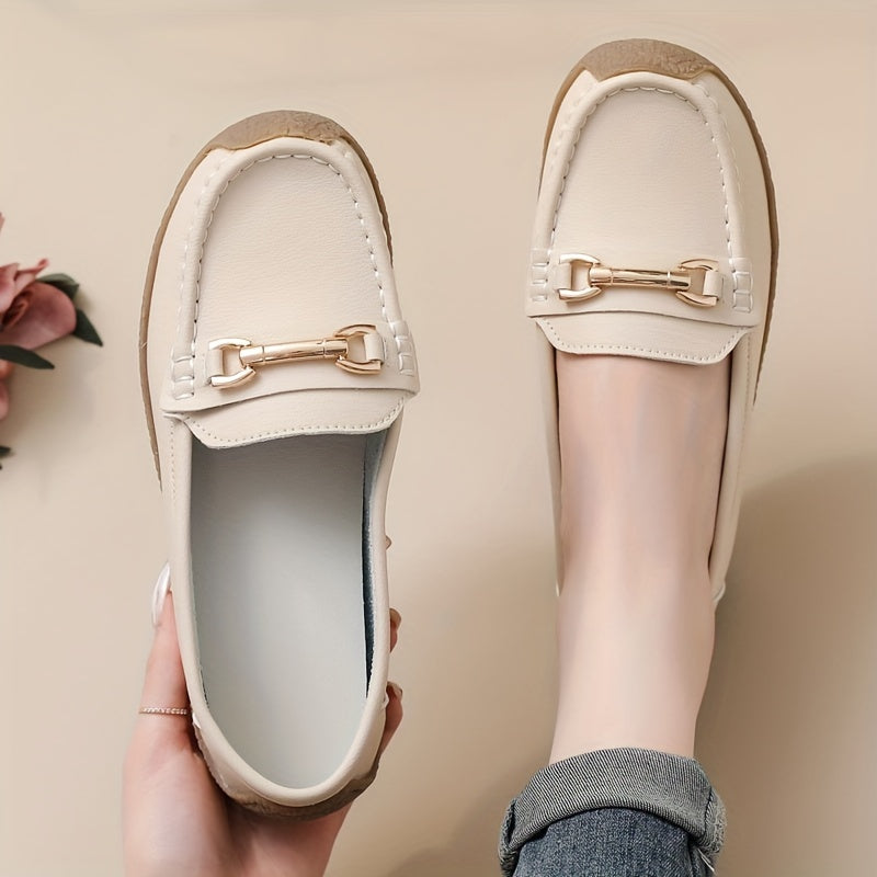 Flat Loafers with Metallic Buckle - Casual Walking Shoes