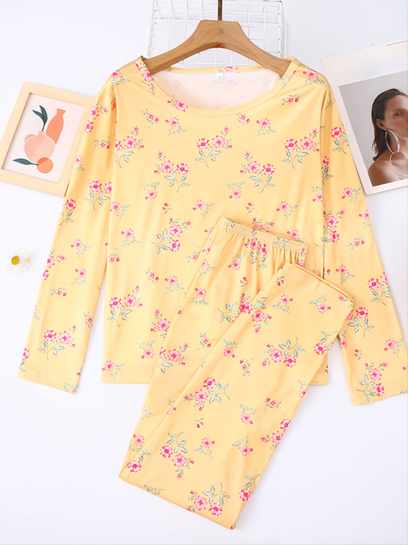 Soft Pajama Set Flower Print Tops & Pants Women's Loungewear