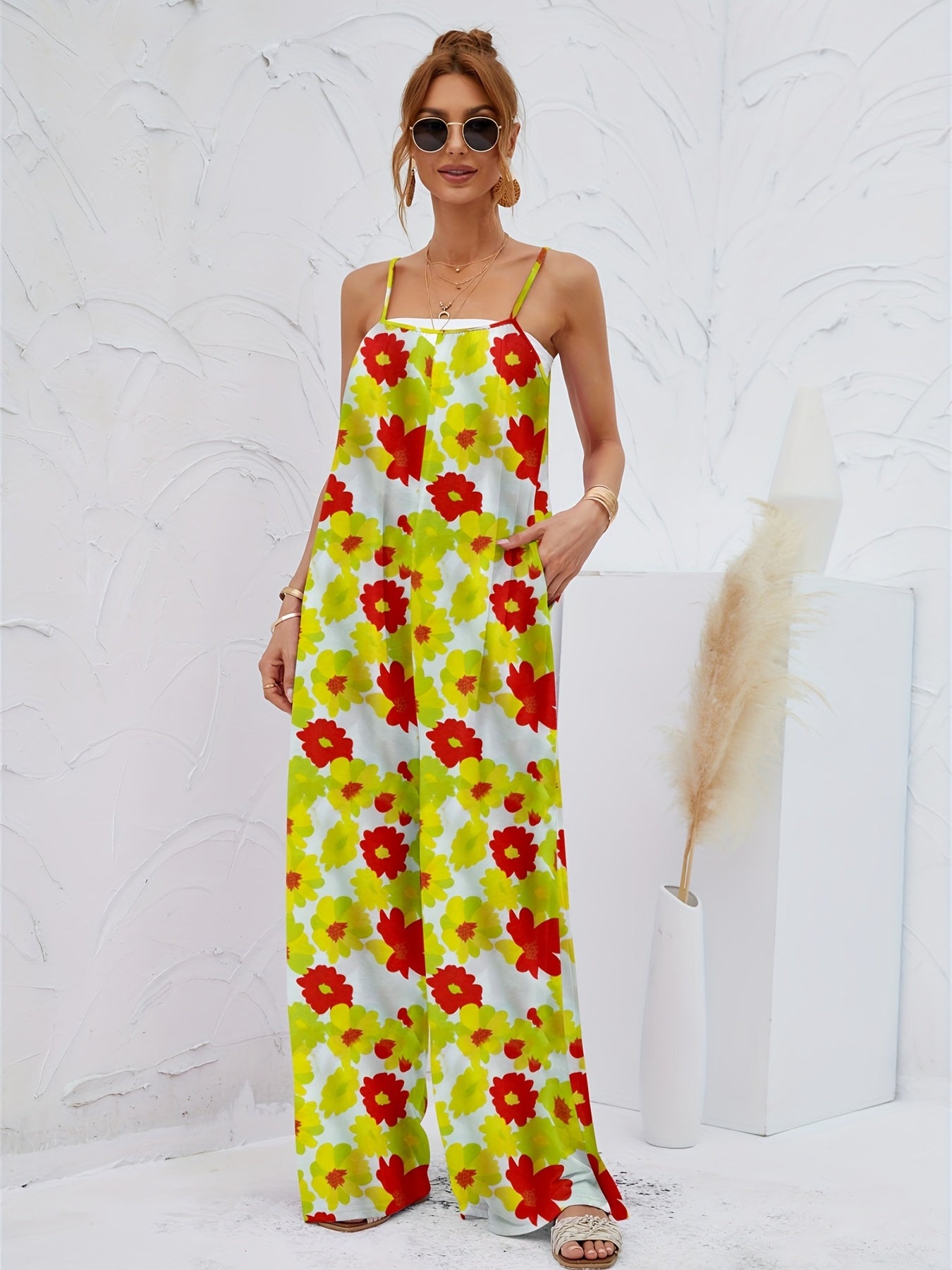 Boho Ink Print Jumpsuit Spaghetti Wide Leg Women's Clothing