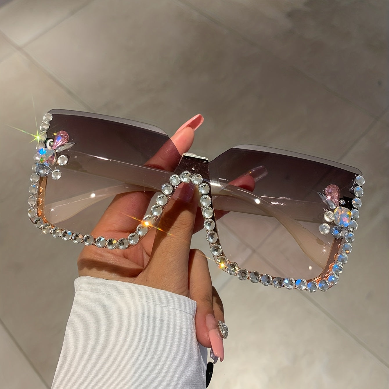 Square Rimless Sunglasses Rhinestone UV400 Shades