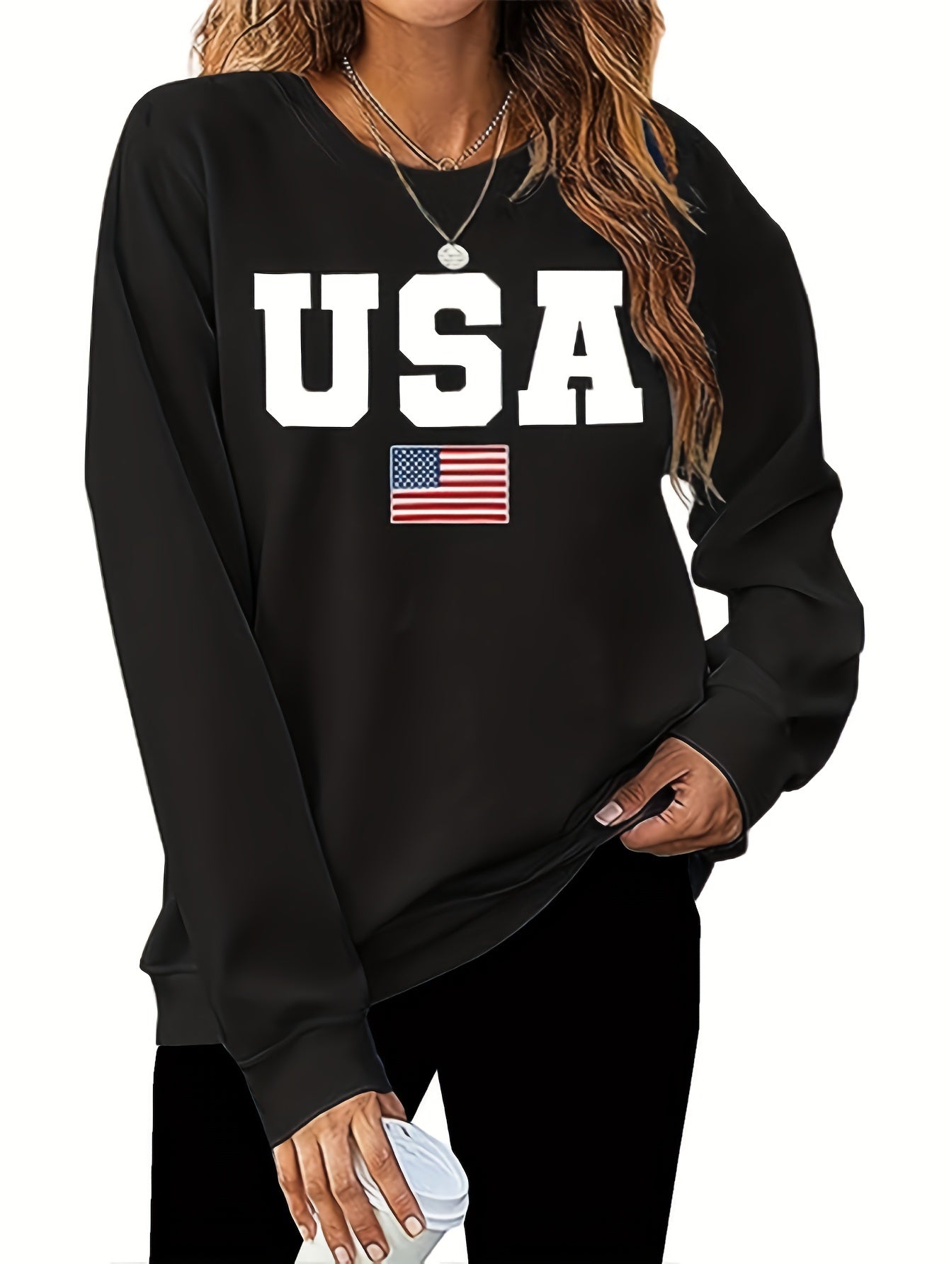  Flag Print Long Sleeve Round Neck Pullover Top