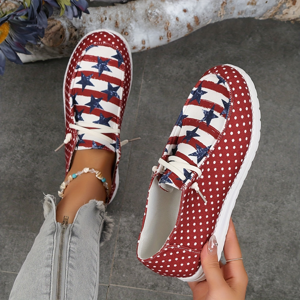 Women's Polka Dot Print Shoes Stars Pattern Slip On Lace Up Canvas Shoes