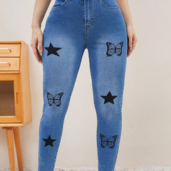  Women's Butterfly Star Print High Stretch Skinny Jeans