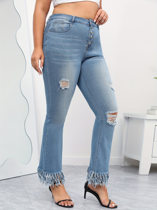  Washed Ripped Fringe Trim Jeans