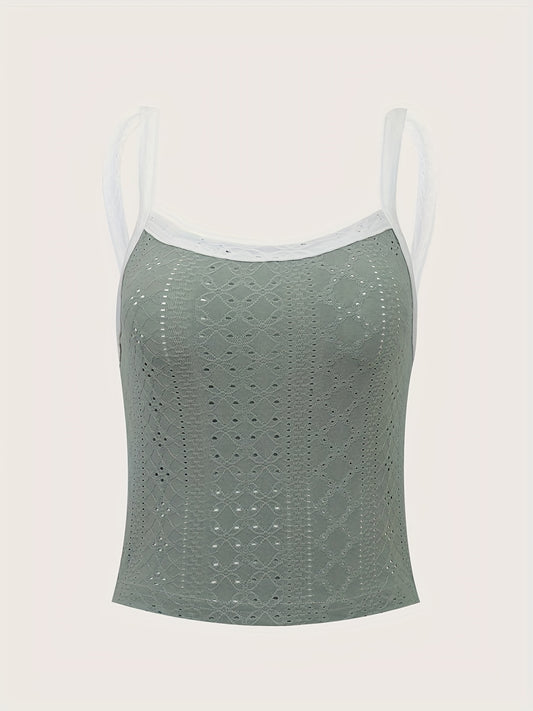 Eyelet Trim Cami Top Crew Neck Summer Sleeveless Top Women's Clothing