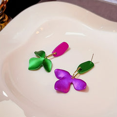 Green & Purple Flower Earrings Silver Needle Punk Style