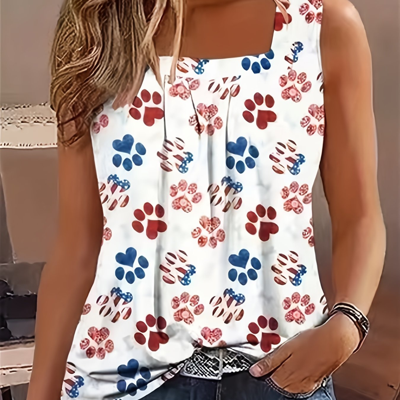 Paw Print Square Neck Tank Top Summer Sleeveless Casual Women's Clothing