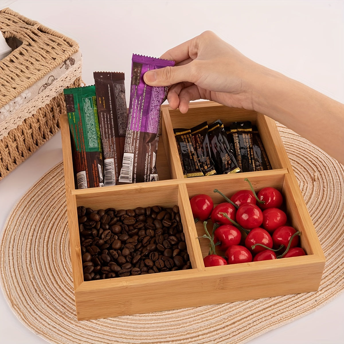 Bamboo Wood Food Storage Box Divided Compartment Bin Room Decor