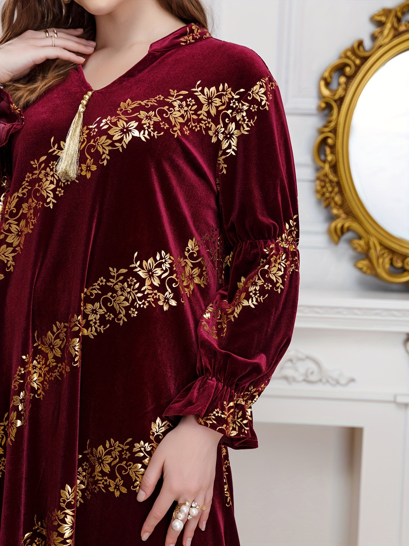  Golden Floral Print Flounce Sleeve Abaya Dress