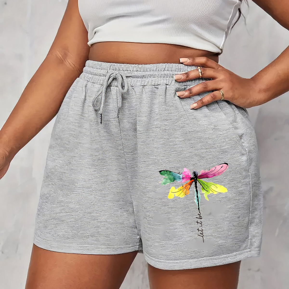 Dragonfly Print Elastic Drawstring Shorts with Pockets