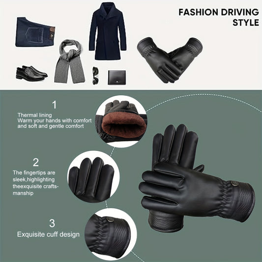 Winter Touch Screen PU Leather Gloves Men Thermal Driving Motorcycle