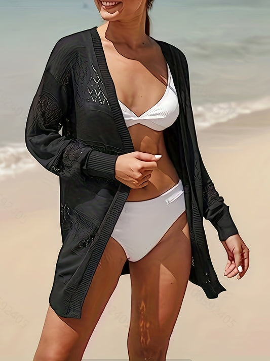 Women's Plus Open Front Cardigan Solid Hollow Out Long Sleeve