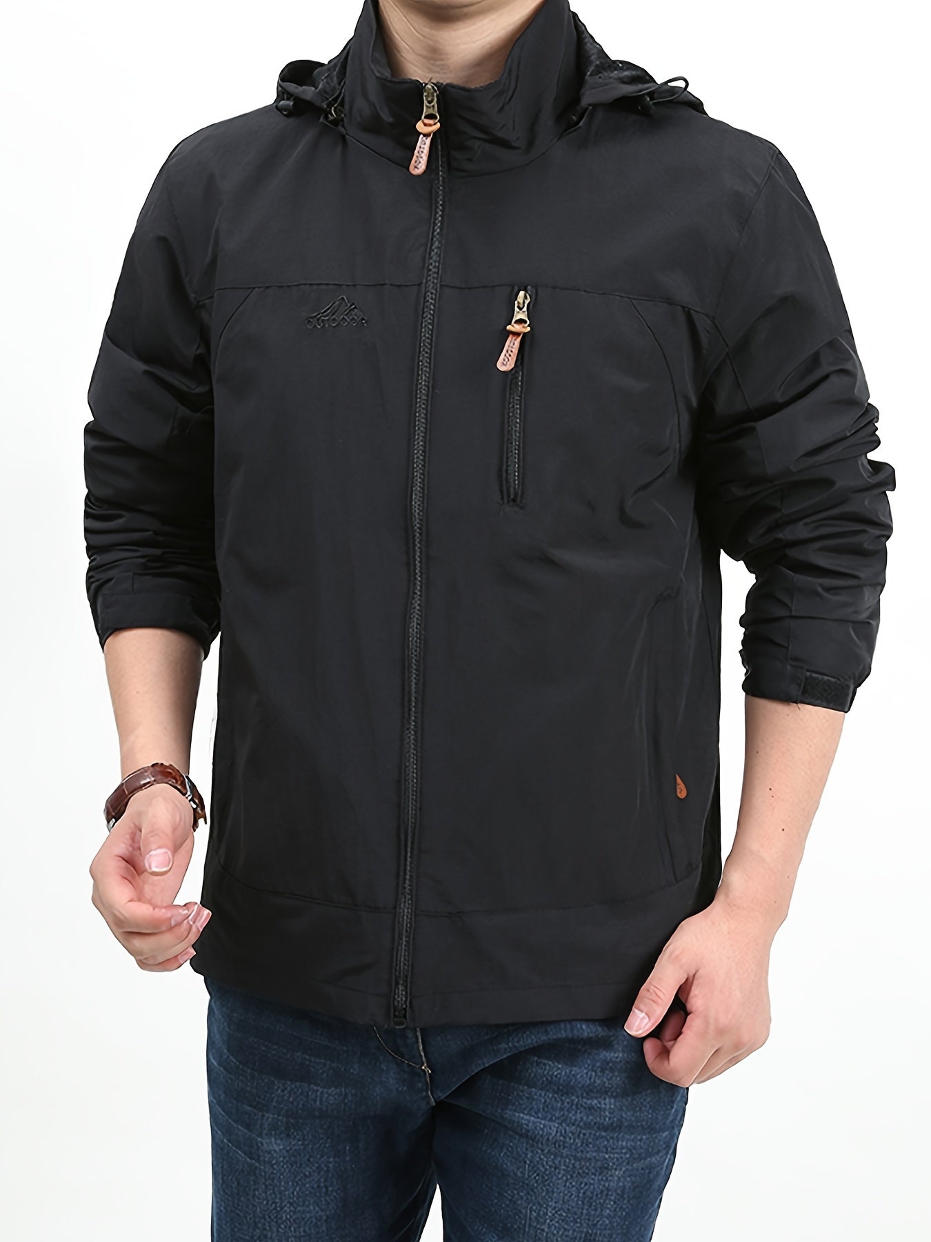 Men's Waterproof & Windproof Hooded Jacket Zipper Front