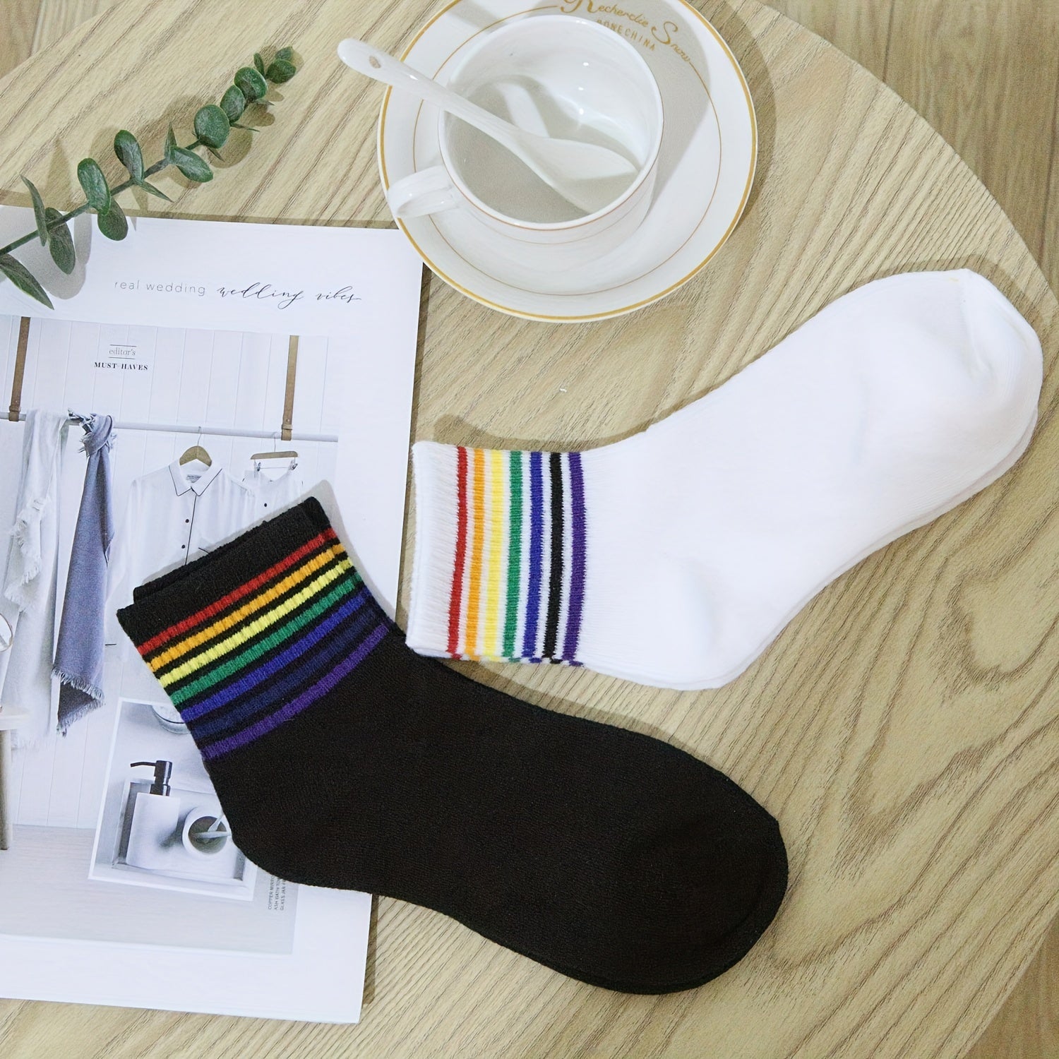 Rainbow Striped Trim Socks & Funny Crew Mid Tube Socks Women's Stockings