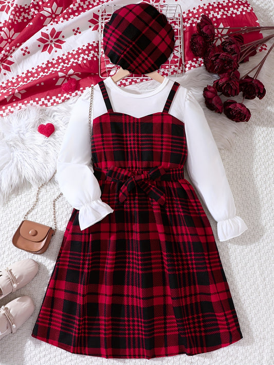 Girls 2pcs Plaid Dress Hat Set Autumn Winter