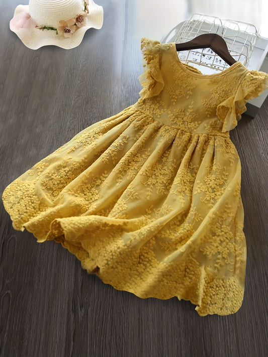 Toddler Girls Mesh Princess Dress Ruffle Trim Back Bow Flowers Embroidery