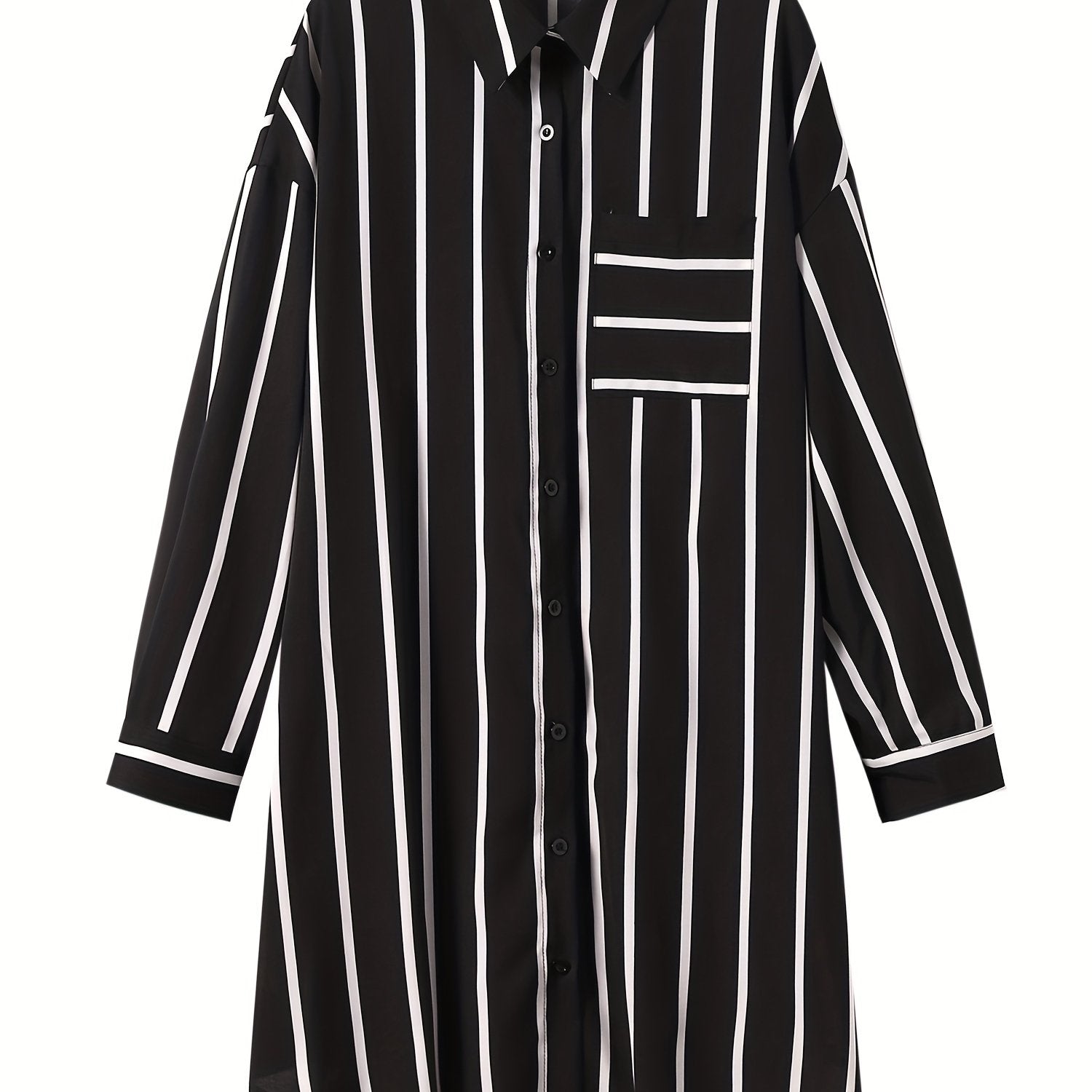  Stripe Print Button Up Long Sleeve Polo Neck Mini Shirt Dress