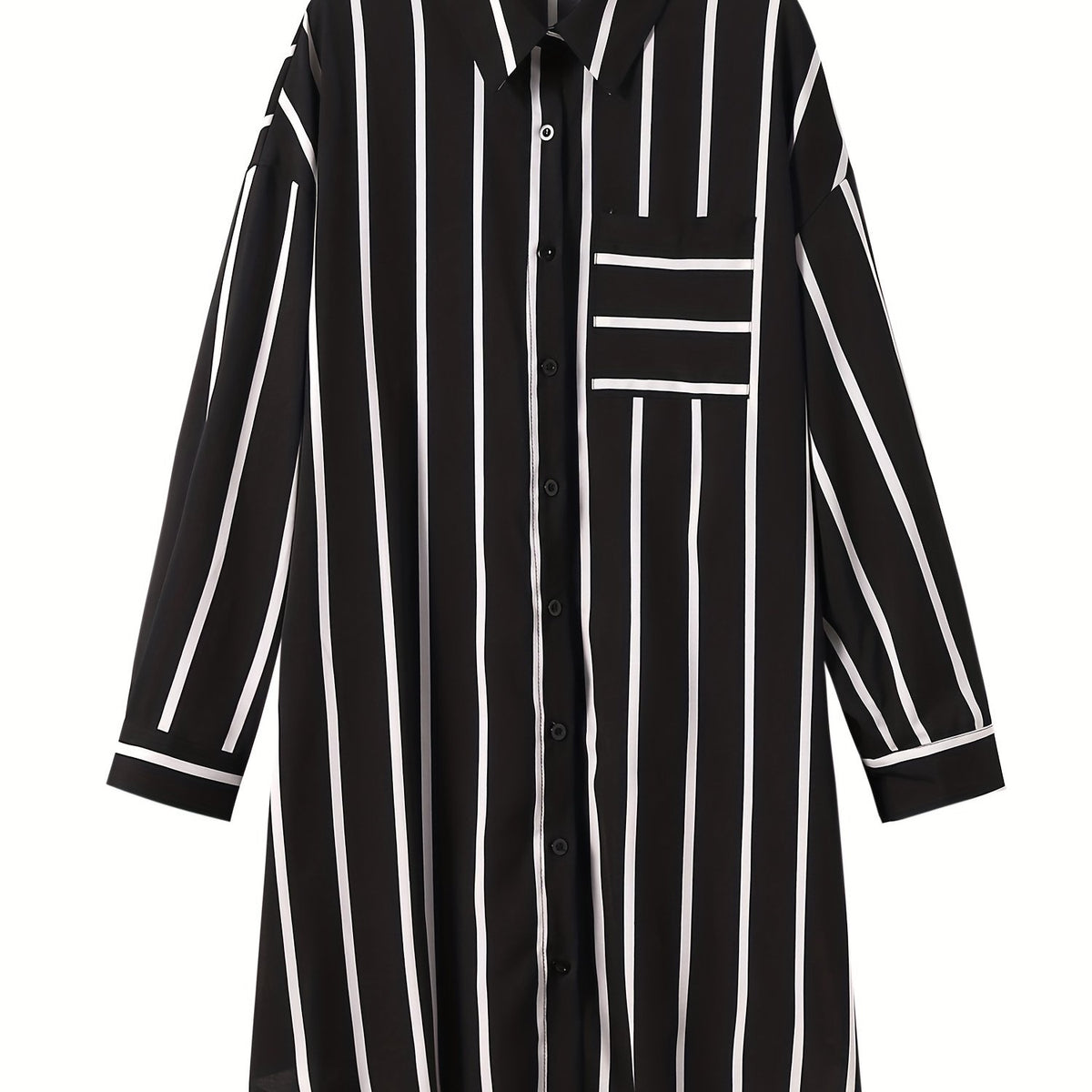  Stripe Print Button Up Long Sleeve Polo Neck Mini Shirt Dress
