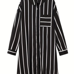  Stripe Print Button Up Long Sleeve Polo Neck Mini Shirt Dress