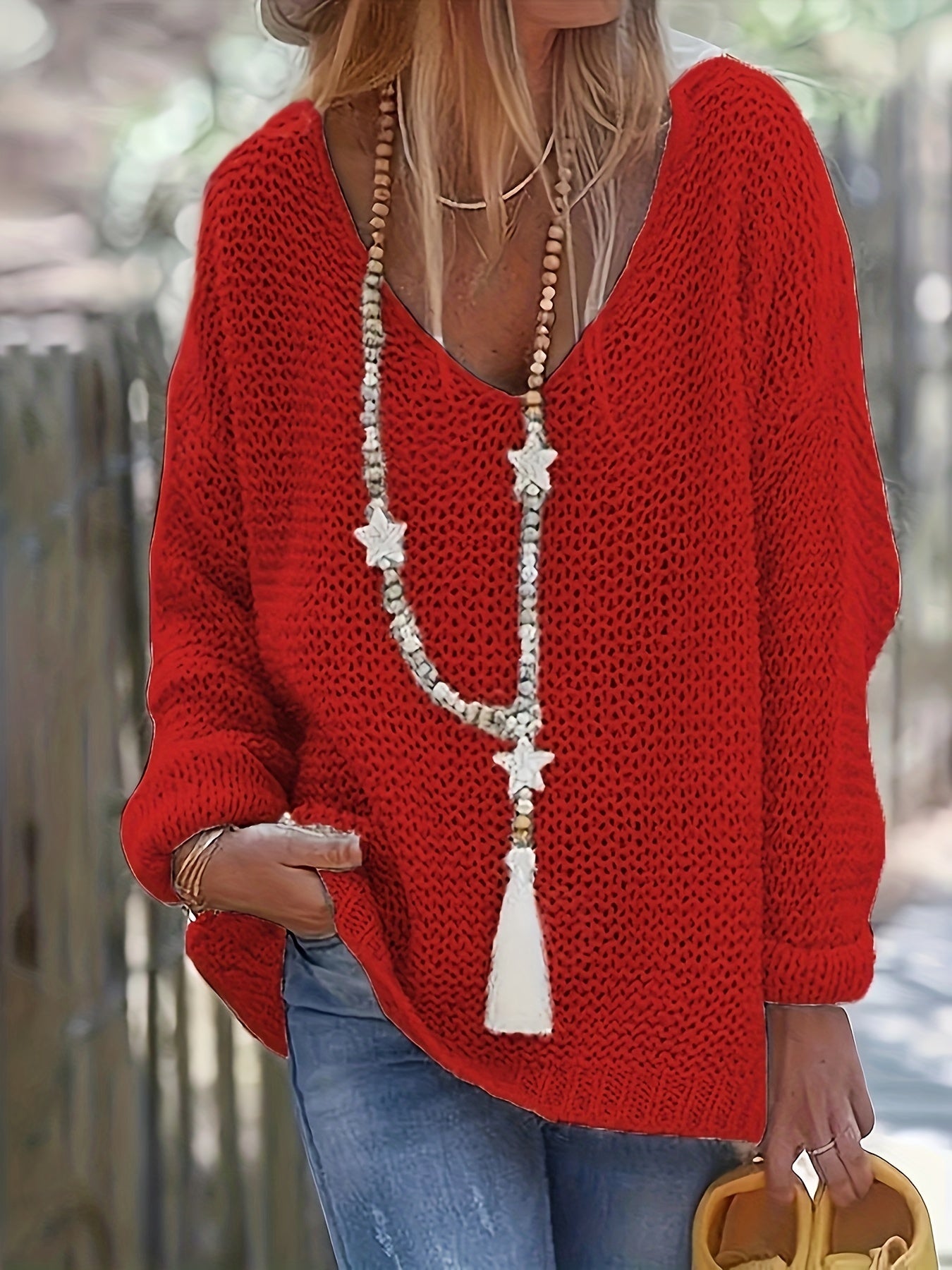 Women's V Neck Knitted Pullover Sweater Long Sleeve Casual Spring Fall
