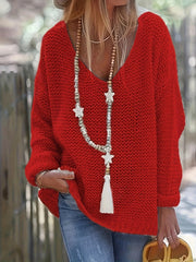 Women's V Neck Knitted Pullover Sweater Long Sleeve Casual Spring Fall