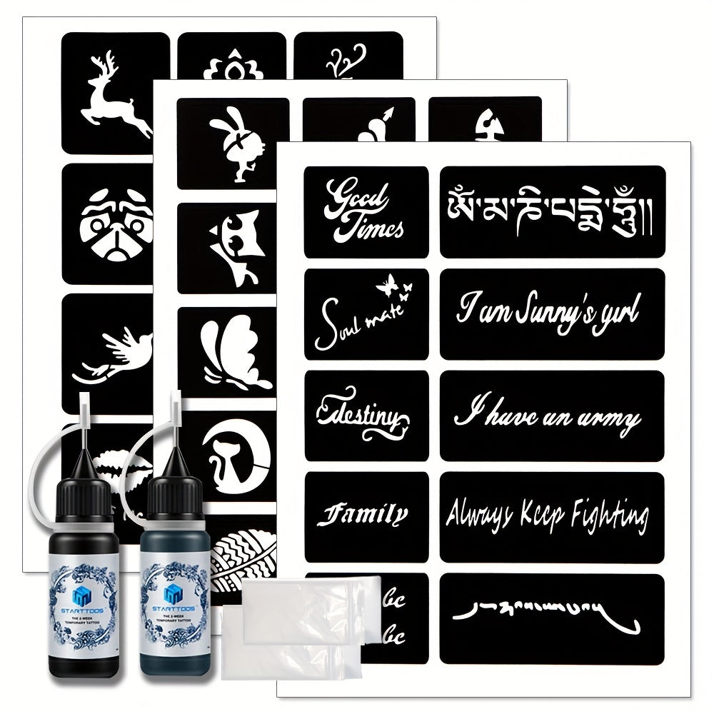 3 A4 Tattoo Stencils + Dye Paste - Animal Word Butterfly Pattern Semi-permanent