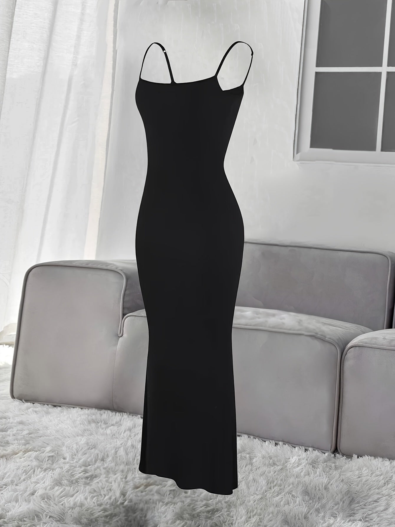 Ribbed Slip Lounge Dress Crew Neck Spaghetti Strap Home Dress