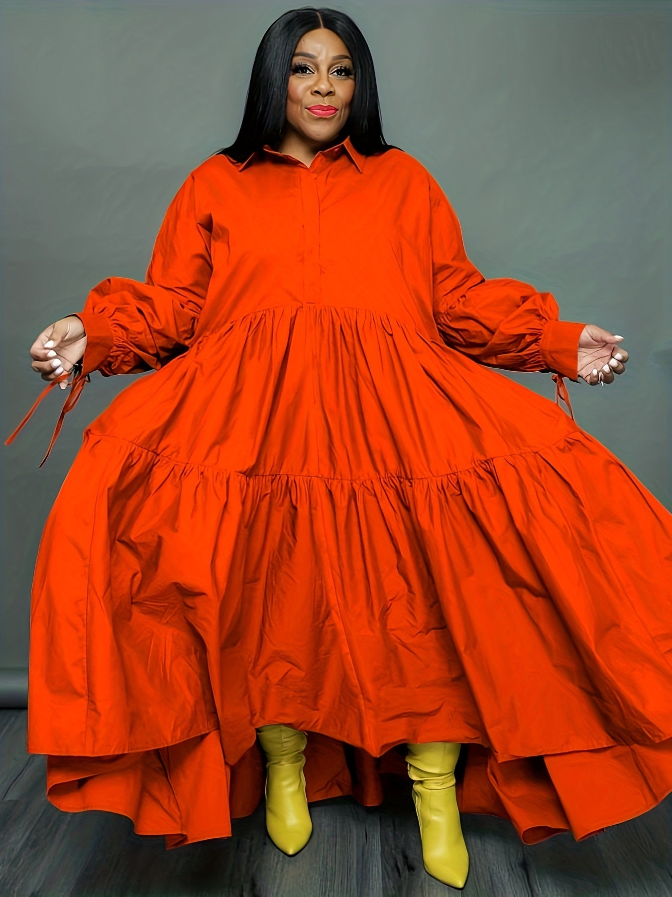  Tie Lantern Sleeve Ruffle Smock Dress