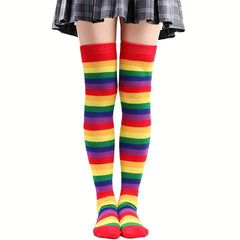 Rainbow Striped Thigh High Socks Cosplay Colorblock Over The Knee Socks